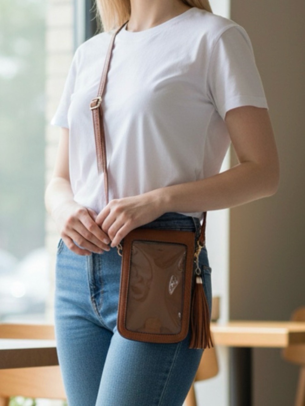 Phone Crossbody brown w Clear Window Bag with Tassel - Unbranded